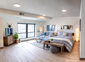 Rochester apartment for rent - a bedroom with a bed and a couch