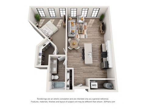 Floor plan for 1 bed, 1 bath, 919 sqft