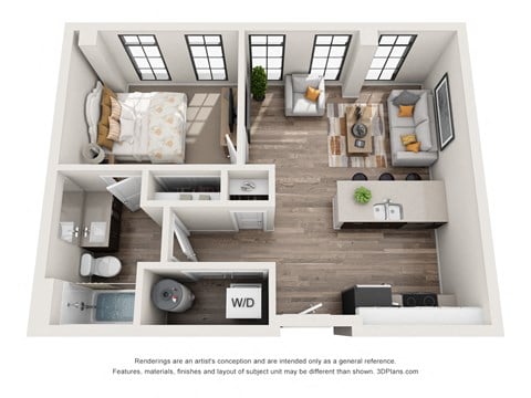 Floor plan for 1 bed, 1 bath, 584 sqft