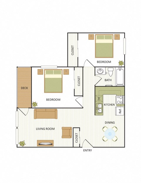 Floor plan for 2 beds, 1 bath, 910 sqft
