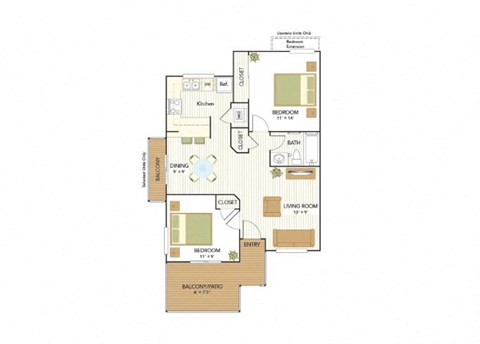 Floor plan for 2 beds, 1 bath, 750 sqft