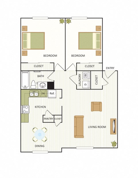 Floor plan for 2 beds, 1 bath, 898 sqft
