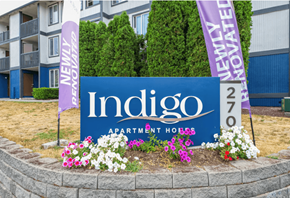Bremerton apartment for rent - an image of the indigo apartment homes sign in front of the building