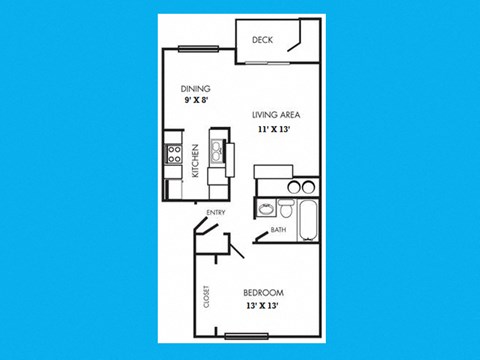 Floor plan for 1 bed, 1 bath, 623 sqft