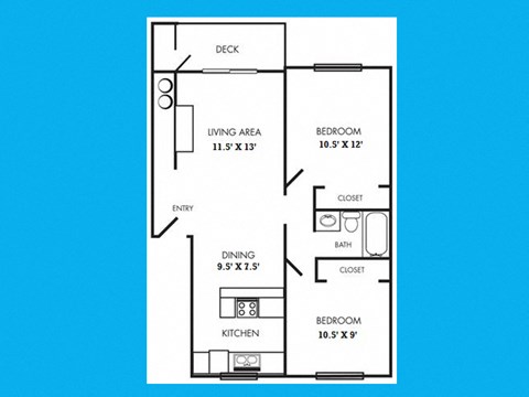 Floor plan for 2 beds, 1 bath, 880 sqft