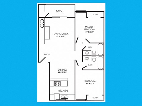 Floor plan for 2 beds, 2 baths, 913 sqft