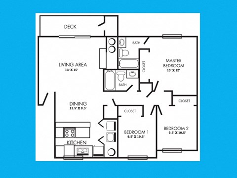 Floor plan for 3 beds, 2 baths, 1100 sqft