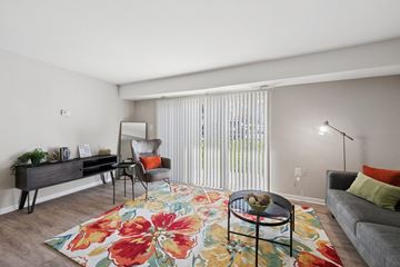 Odenton apartment for rent - A living room with a floral rug and a grey couch.