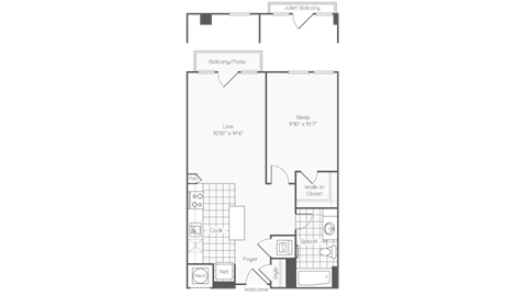 Floor plan for 1 bed, 1 bath, 648 sqft