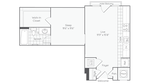 Floor plan for 1 bed, 1 bath, 588 sqft