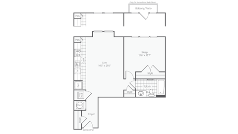 Floor plan for 1 bed, 1 bath, 738 sqft