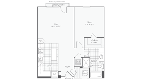 Floor plan for 1 bed, 1 bath, 817 sqft