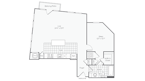 Floor plan for 1 bed, 1 bath, 937 sqft