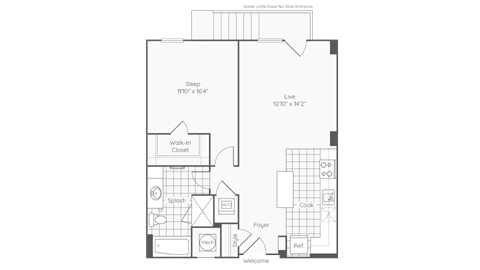 Floor plan for 1 bed, 1 bath, 769 sqft