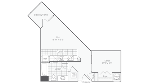 Floor plan for 1 bed, 1 bath, 540 sqft