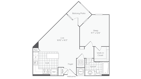Floor plan for 1 bed, 1 bath, 700 sqft