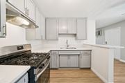 Riverside apartment for rent - A kitchen with a stove top oven and a sink.