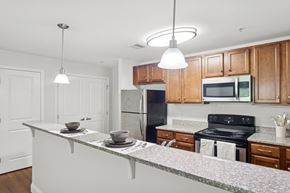 Bloomfield apartment for rent - A kitchen with wooden cabinets and a black refrigerator.