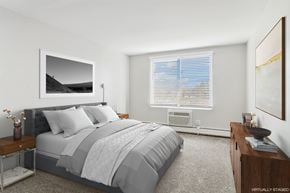 Naperville apartment for rent - A bedroom with a large bed and a painting on the wall.