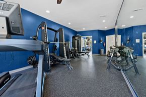 Wilsonville apartment for rent - A gym with a treadmill, weights, and exercise machines.