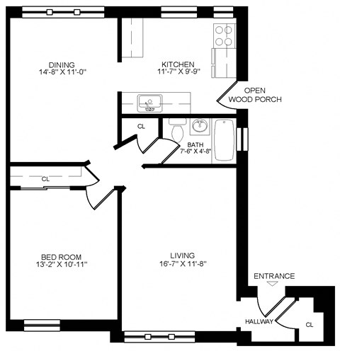 Floor plan for 1 bed, 1 bath, 755 sqft