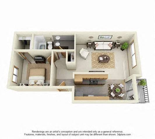 Floor plan for 1 bed, 1 bath, 685 sqft