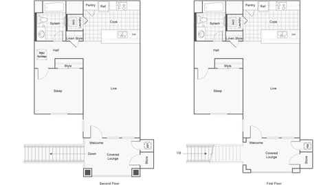 Floor plan for 1 bed, 1 bath, 721 sqft