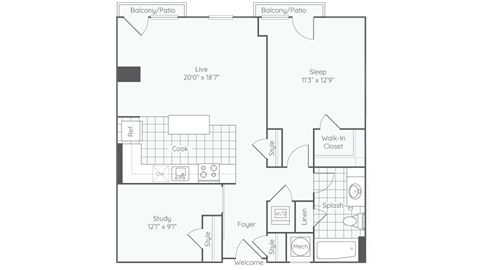 Floor plan for 1 bed, 1 bath, 880 sqft