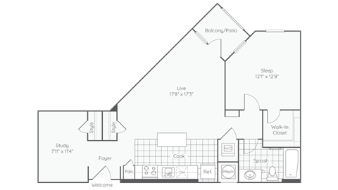 Floor plan for 1 bed, 1 bath, 853 sqft