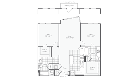 Floor plan for 2 beds, 2 baths, 1051 sqft