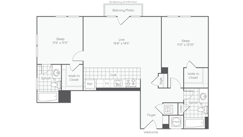 Floor plan for 2 beds, 2 baths, 1071 sqft
