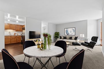 Oak Park apartment for rent - A modern living room with a dining table and chairs.