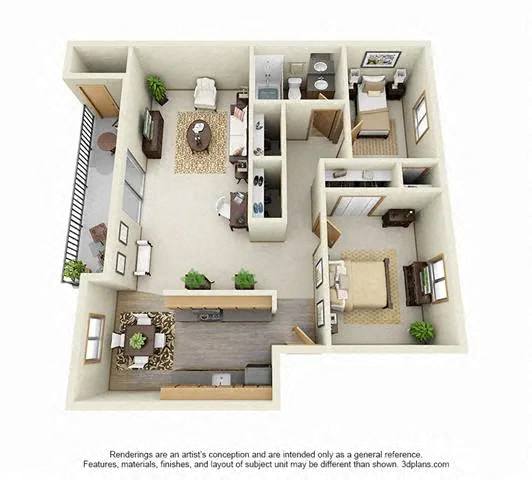 Floor plan for 2 beds, 1 bath, 827 sqft
