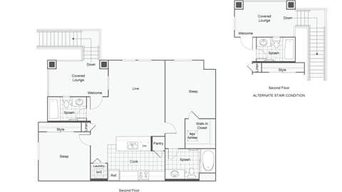 Floor plan for 2 beds, 2 baths, 912 sqft