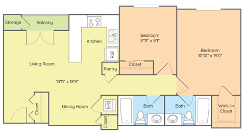 Floor plan for 2 beds, 2 baths, 835 sqft