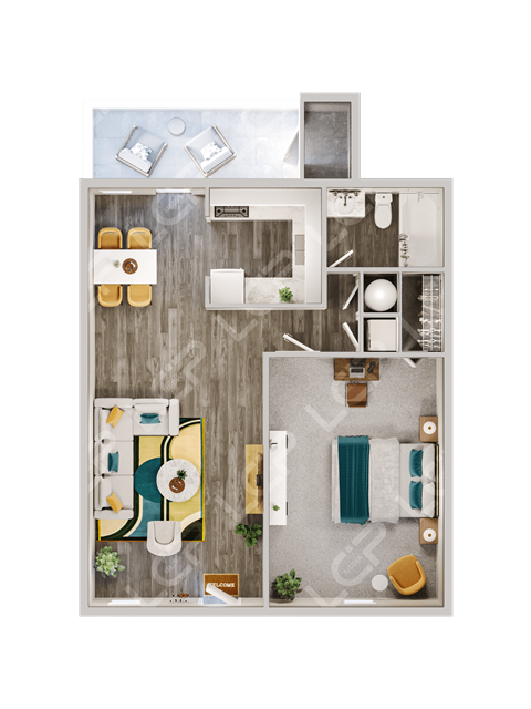 Floor plan for 1 bed, 1 bath, 675 sqft