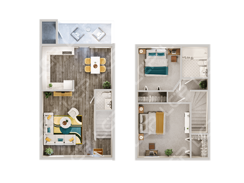 Floor plan for 2 beds, 1.5 baths, 915 sqft