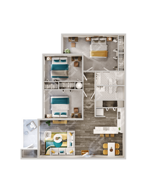Floor plan for 3 beds, 2 baths, 1127 sqft