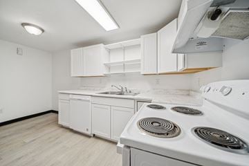 Eagle River apartment for rent - A white kitchen with a stove and sink.