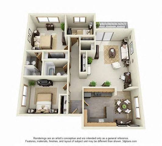 Floor plan for 3 beds, 2 baths, 1048 sqft