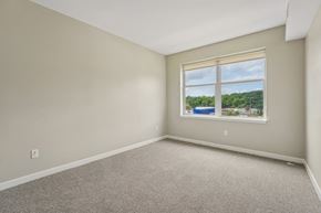 Pittsburgh apartment for rent - A room with a carpeted floor and a window showing a view of trees and a pool.