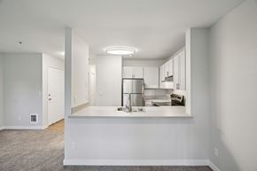 Milwaukie apartment for rent - A kitchen with white cabinets and a countertop.