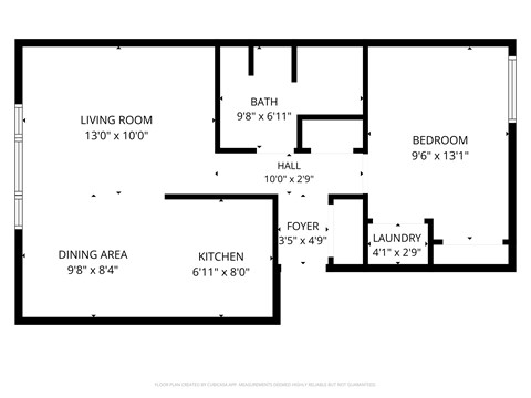 Floor plan for 1 bed, 1 bath, 596 sqft