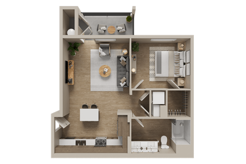 Floor plan for 1 bed, 1 bath, 728 sqft