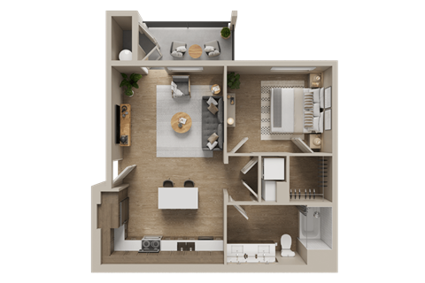 Floor plan for 1 bed, 1 bath, 729 sqft