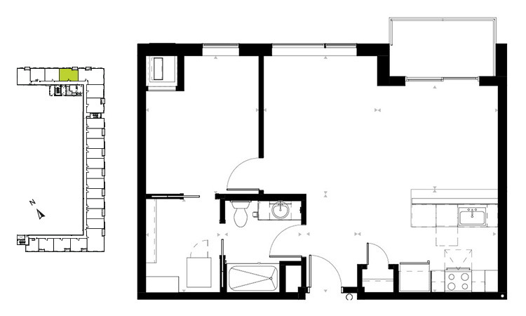 Floor plan for 1 bed, 1 bath, 760 sqft