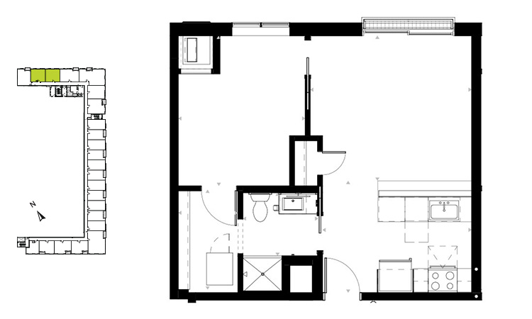 Floor plan for 1 bed, 1 bath, 608 sqft