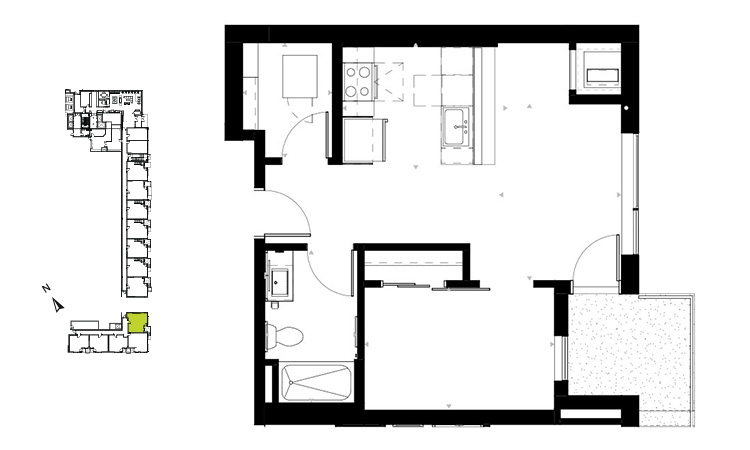 Floor plan for 1 bed, 1 bath, 595 sqft