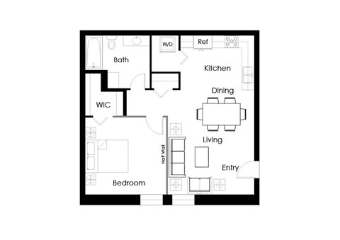 Floor plan for 1 bed, 1 bath, 528 sqft