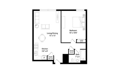 Floor plan for 1 bed, 1 bath, 600 sqft
